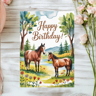 Cartão Postal Aniversário de Cavalo Personalizado Aquarela Fofa