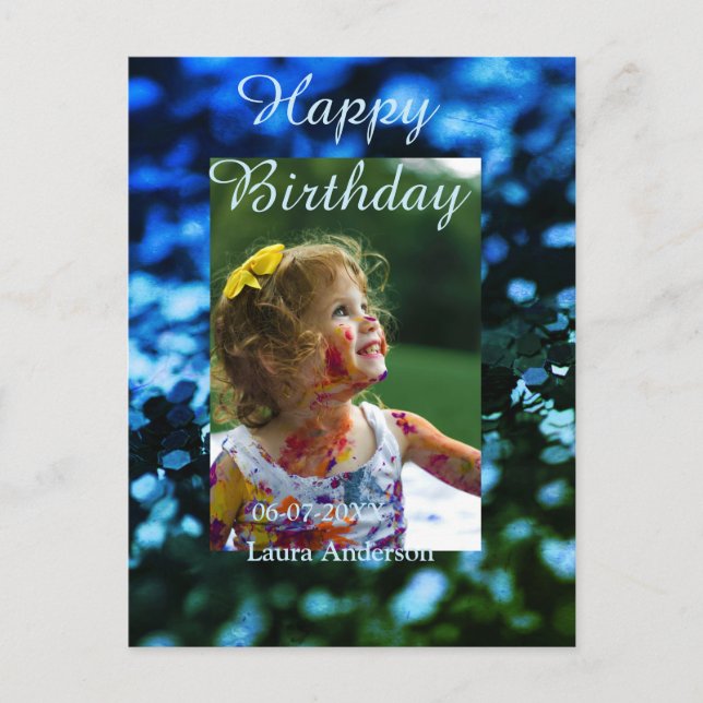 Cartão Postal Aniversário de criança de fotos azul verde-brilhan (Frente)