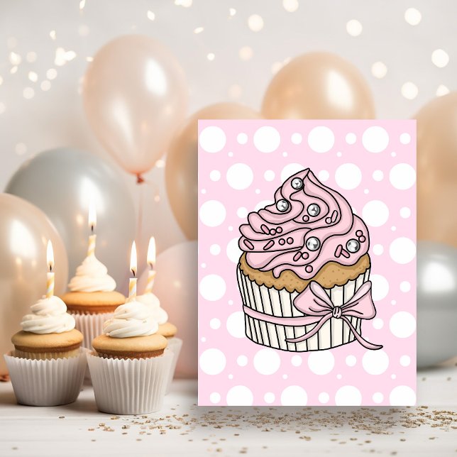 Cartão Postal Aniversário de Cupcakes e Bolinhas Rosa (Criador carregado)