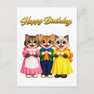 Cartão Postal Aniversário de Gatinhos Estilo Vitoriano Colorido 