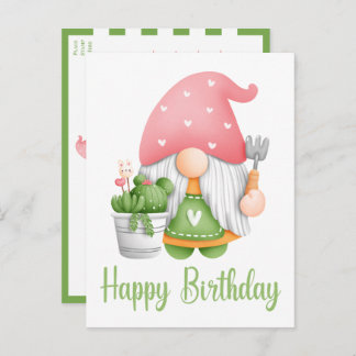 Cartão Postal Aniversário de Gnome de Cartum em Aquarela Rosa Ve