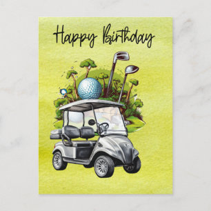 Cartão Postal Aniversário de golfe com carrinho de golfe   aquar