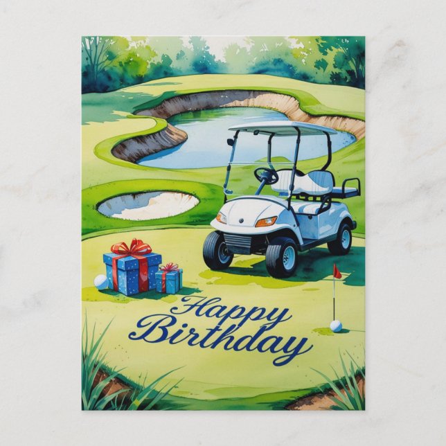 Cartão Postal Aniversário de Golfe com carrinho de golfe para go (Frente)