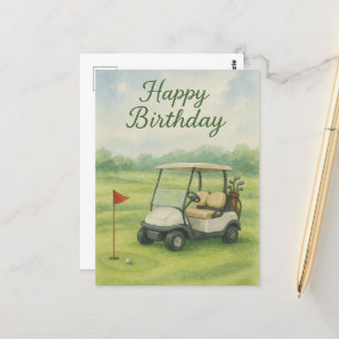 Cartão Postal Aniversário de Golfe Temático com aquarela de carr