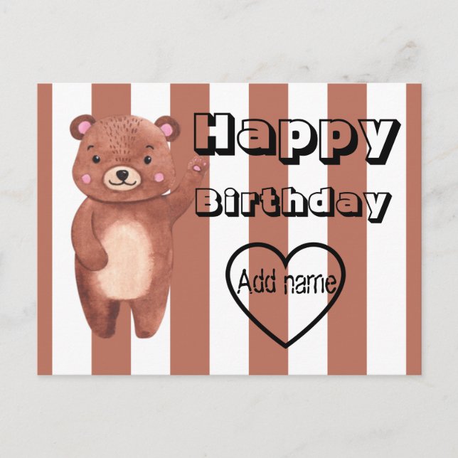 Cartão Postal Aniversário de listras de urso fofo personalizado (Frente)
