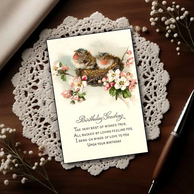 Cartão Postal Aniversário de Pássaros Aninhando Vintage 1917  (Criador carregado)