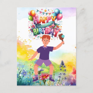 Cartão Postal Aniversário de Pickleball com flores e arco-íris