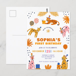 Cartão Postal Aniversário de um ano com animais selvagens ilustr