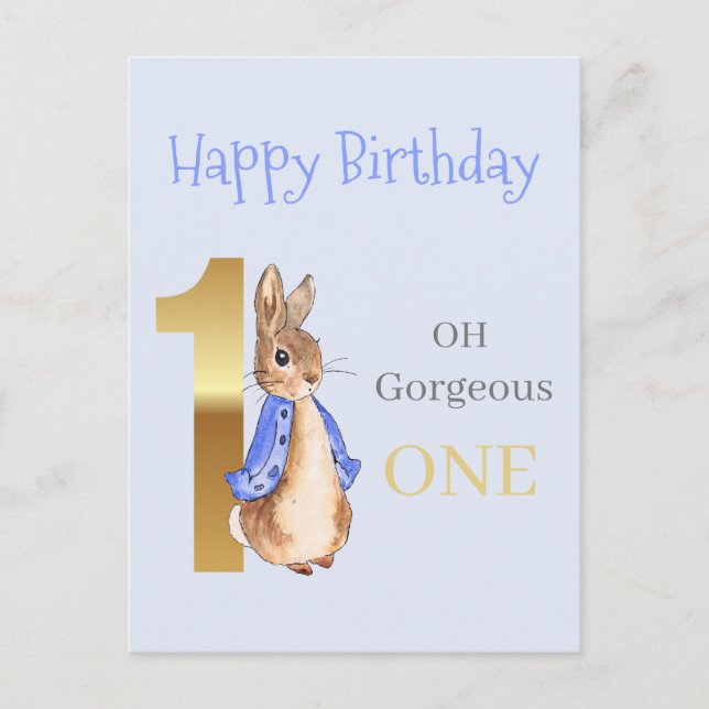 Cartão Postal Aniversário de um ano do Peter Rabbit (Frente)