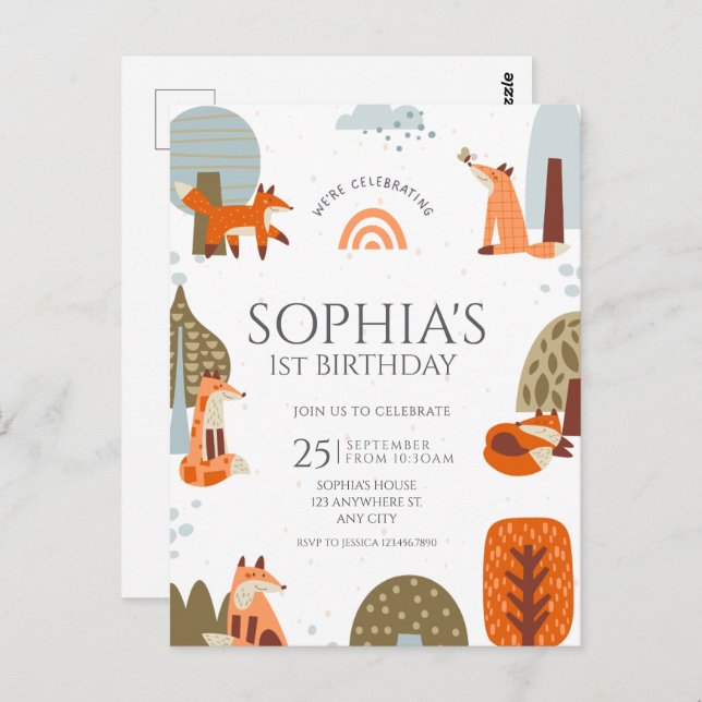 Cartão Postal Aniversário de um ano Floresta da Raposa ilustrada (Frente/Verso)