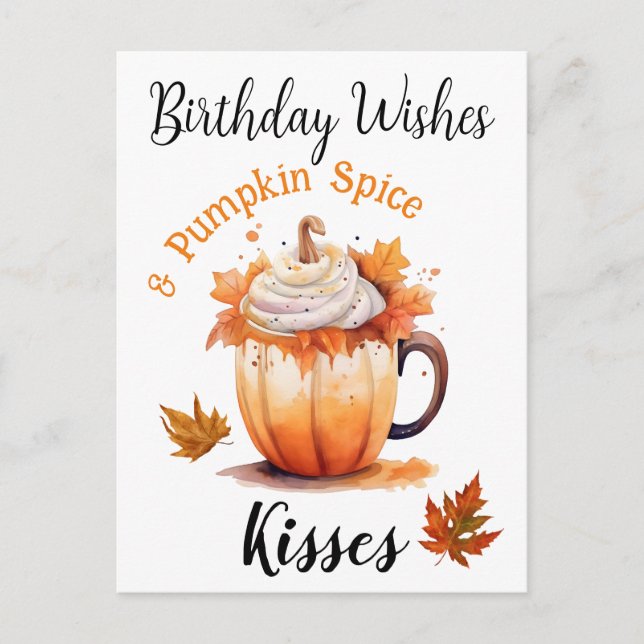 Cartão Postal Aniversário Deseja e Pumpkin Spice Kisses (Frente)