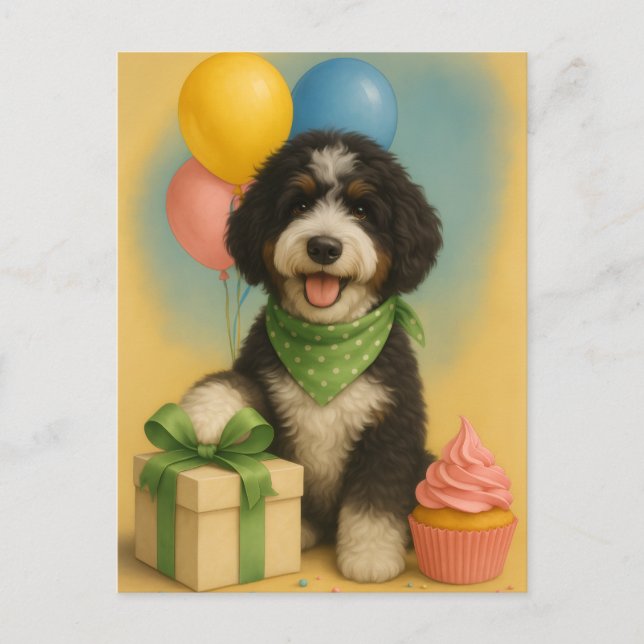 Cartão Postal Aniversário do Bernadoodle (Frente)