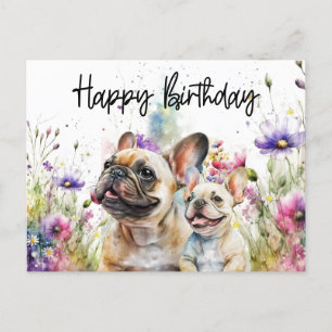Cartão Postal Aniversário do Bulldog Francês no Campo de Flores