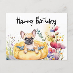 Cartão Postal Aniversário do Bulldog Francês no Campo de Flores