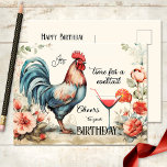 Cartão Postal Aniversário do Coquetel do Galo Funny Watercolor<br><div class="desc">Um cartão postal de aniversário engraçado e festivo,  com um galo de aquarela com flores e um coquetel em estilo antigo.</div>