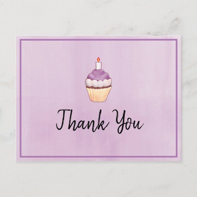 Cartão Postal Aniversário do Cupcake Roxo Obrigado (Frente)
