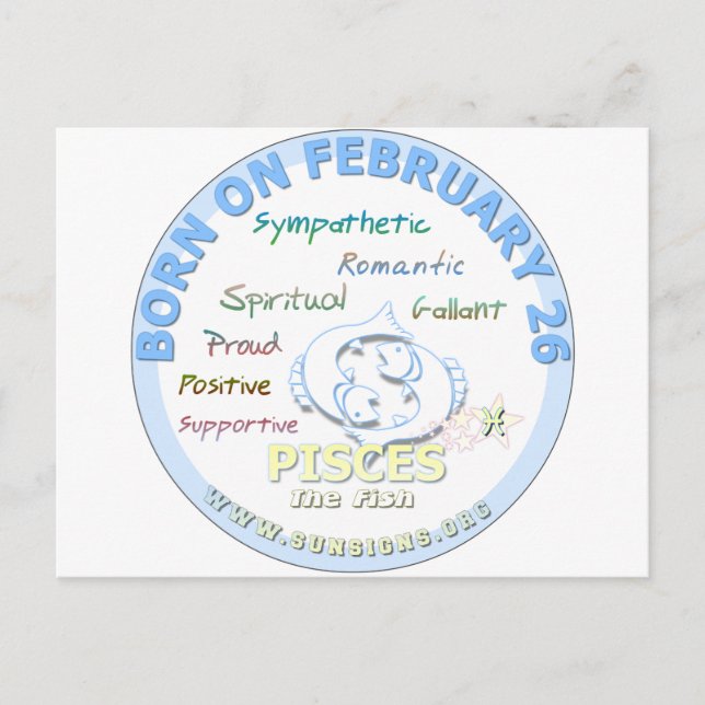 Cartão Postal Aniversário do dia 26 de fevereiro - Peixes (Frente)