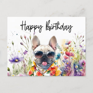 Cartão Postal Aniversário do French Bulldog no Campo de Flores