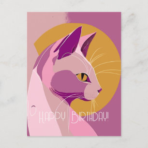 Cartão Postal Aniversário do Gato Elegante Roxo