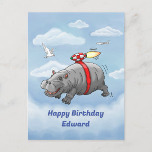 Cartão Postal Aniversário do Hipopótamo Foguete