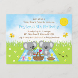 Cartão Postal Aniversário do Picnic Blue Gingham de Koala Bear