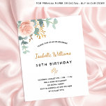 Cartão Postal Aniversário do rosa de ouro floral de eucalipto<br><div class="desc">Um convite elegante para uma festa de aniversário 50ª (ou qualquer idade). Um fundo branco chic. Decorados com ouro rosa e rosa cor-de-rosa-esbranquiçada, folhas de eucalipto florais, verdes, galhos, verde-verde e um cinzeiro dourado falso. Personalize e o nome e os detalhes da festa. Letras pretas e ouros. O nome é...</div>