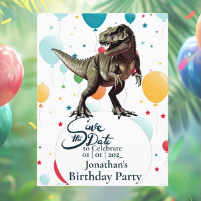 Cartão Postal Aniversário do T-rex Dinossauro Salve a data  (Throw the ultimate Jurassic dinosaur birthday bash with T-Rex themes!)
