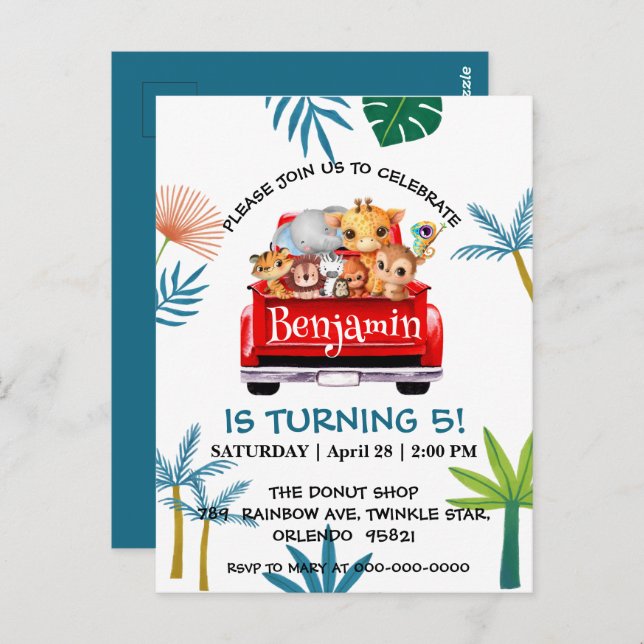 Cartão Postal Aniversário do trator da fazenda da selva do Zoo (Frente/Verso)