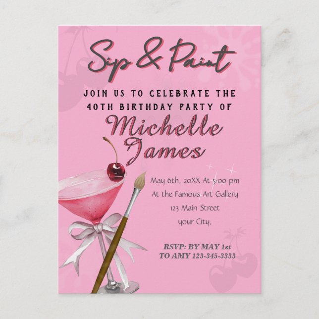 Cartão Postal Aniversário do Watercolor Sip & Paint Art (Frente)