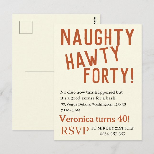 Cartão Postal Aniversário engraçado quarenta naughty hawty perso (Frente/Verso)