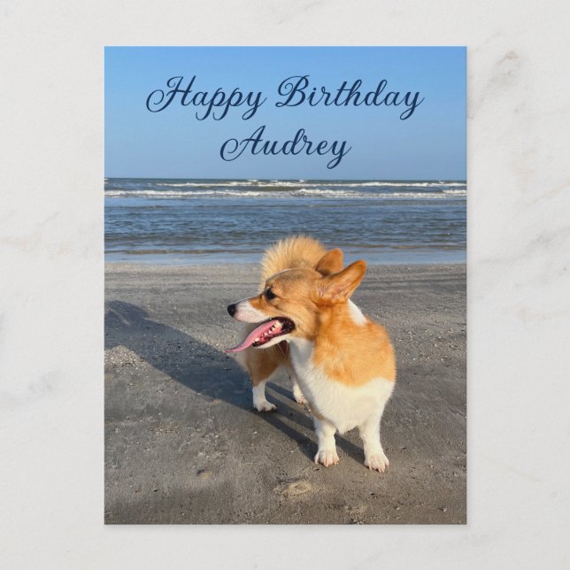 Cartão Postal Aniversário Feliz de Corgi Personalizado na Praia  (Frente)