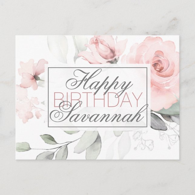 Cartão Postal Aniversário Feliz Floral Rosa Aquarela Personaliza (Frente)