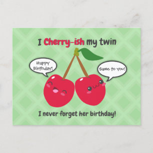 Cartão Postal Aniversário Gêmeos Kawaii Cereja Vermelha Fofa