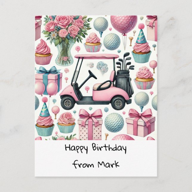 Cartão Postal Aniversário GOLF tema PINK para Mulher Golfista (Frente)