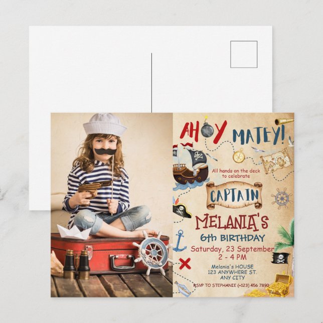 Cartão Postal Aniversário Infantil Pirata Capitão Tesouro Ahoy (Frente/Verso)