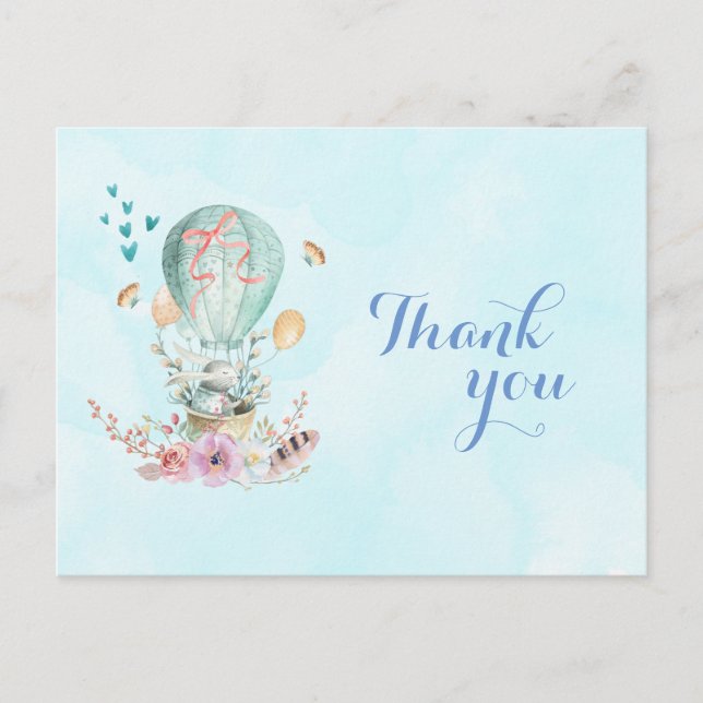 Cartão Postal Aniversário Obrigado Coelhinho Andando num Balão (Frente)