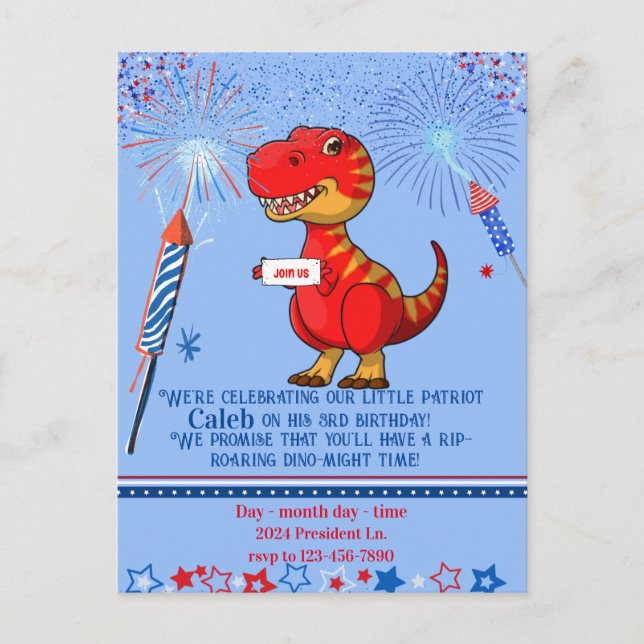 Cartão Postal Aniversário patriótico de dinossauro, (Frente)
