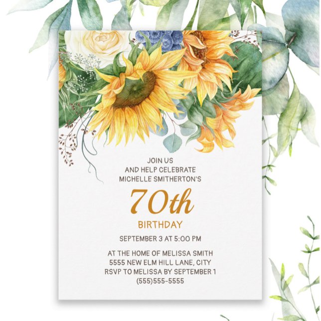 Cartão Postal Aniversário Personalizado de Girassóis Eucalyptus  (Sunflowers and eucalyptus women's 70th birthday party postcard invitation)