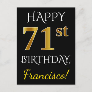Cartão Postal Aniversário Preto, Faux Dourado 71ruas + Nome Pers