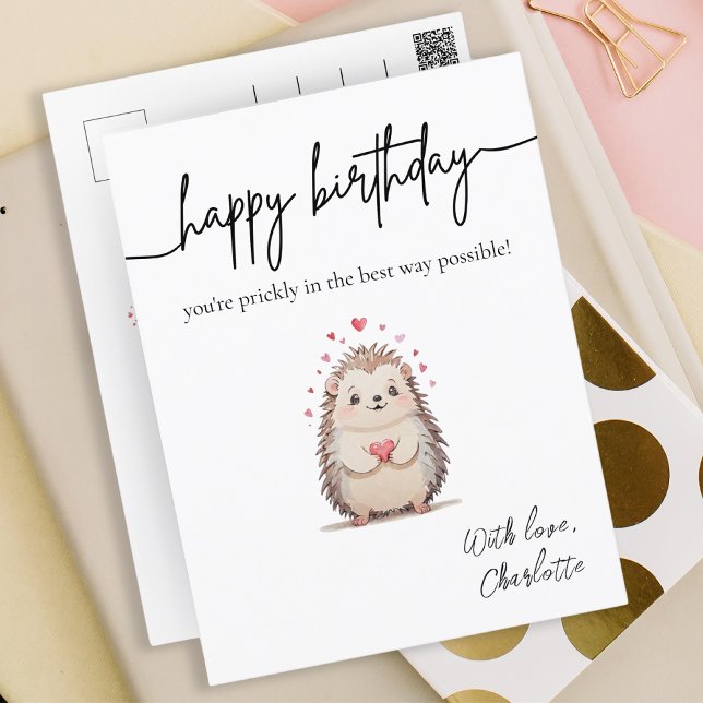 Cartão Postal Aniversário Punny de Ourigo com Aquarela Minimalis (Minimalist Watercolor Hedgehog Punny Birthday Postcard)