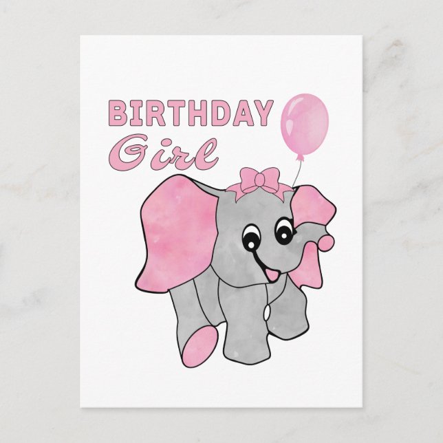Cartão Postal Aniversário Rapariga Rosa Elefante Bebê (Frente)