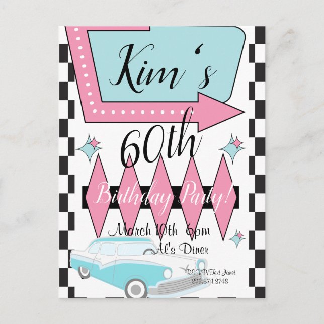 Cartão Postal Aniversário Retrô dos Anos 50, Qualquer Idade, (Frente)