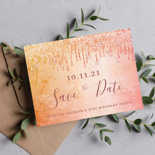 Cartão Postal Aniversário rosa dourado glitter save the date