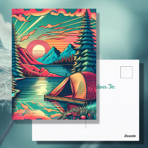 Cartão Postal Aniversário Temático de Acampamento Rosa e Turques