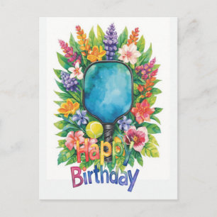 Cartão Postal Aniversário temático de Pickleball com flores