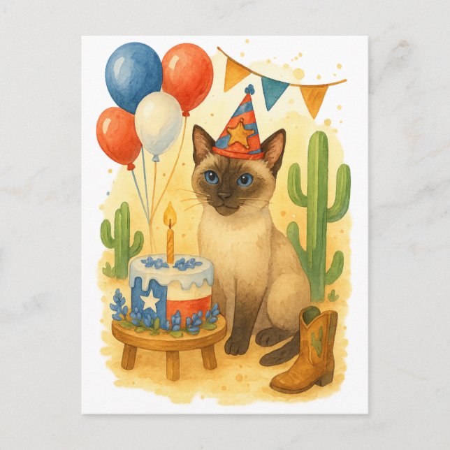 Cartão Postal Aniversário Texas Temático para Amantes de Gatos  (Frente)