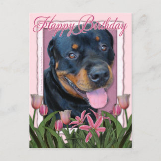 Cartão Postal Aniversário - Tulipas Rosa - Rottweiler - Harley