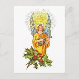 Cartão Postal Anjo Antigo Com azevinho E Bandolim