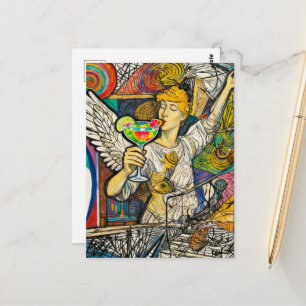 Cartão Postal Anjo Colorido desfruta de uma bebida