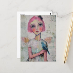 Cartão Postal Anjo com cabelo cor-de-rosa e pássaro azul